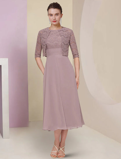 Two Piece Mother of the Bride Dress Wedding Guest Church Elegant Jewel Neck Tea Length Chiffon Lace Half Sleeve with Solid Color