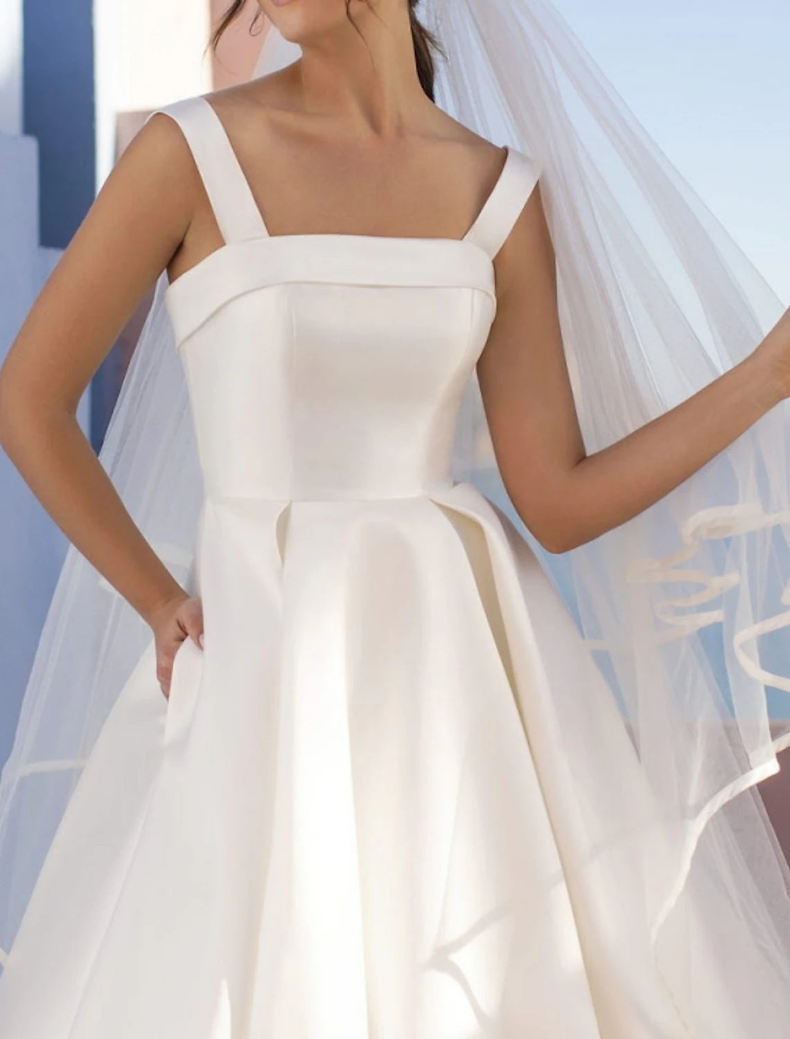 Hall Casual Wedding Dresses A-Line Square Neck Regular Straps Sweep / Brush Train Satin Bridal Gowns With Pleats