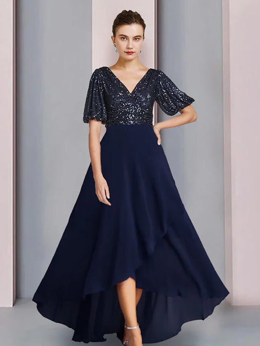 Sheath / Column Mother of the Bride Dress Wedding Guest Party Sparkle & Shine V Neck Asymmetrical Chiffon Sequined Short Sleeve with Pleats Solid Color