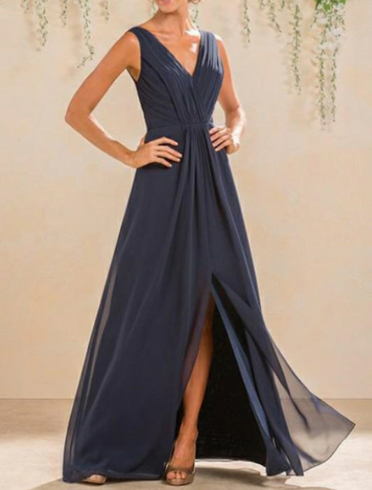 A-Line Bridesmaid Dress V Neck Sleeveless Open Back Floor Length Chiffon with Pleats / Split Front