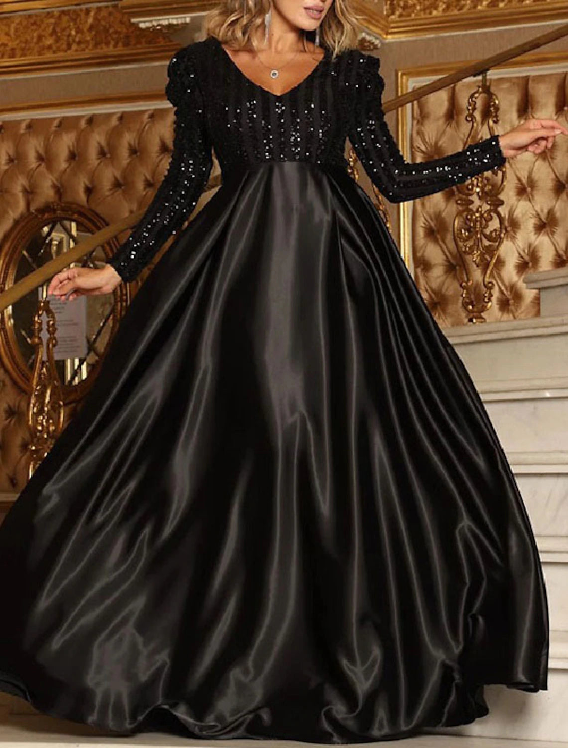 A-Line Sparkly Engagement Formal Evening Christmas Red Green Dress V Neck Long Sleeve Court Train Polyester with Sequin