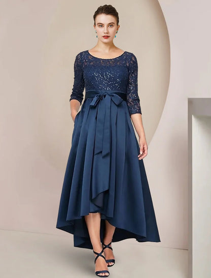 A-Line Mother of the Bride Dress Wedding Guest Elegant High Low Scoop Neck Asymmetrical Tea Length Lace Taffeta 3/4 Length Sleeve with Bow(s) Pleats