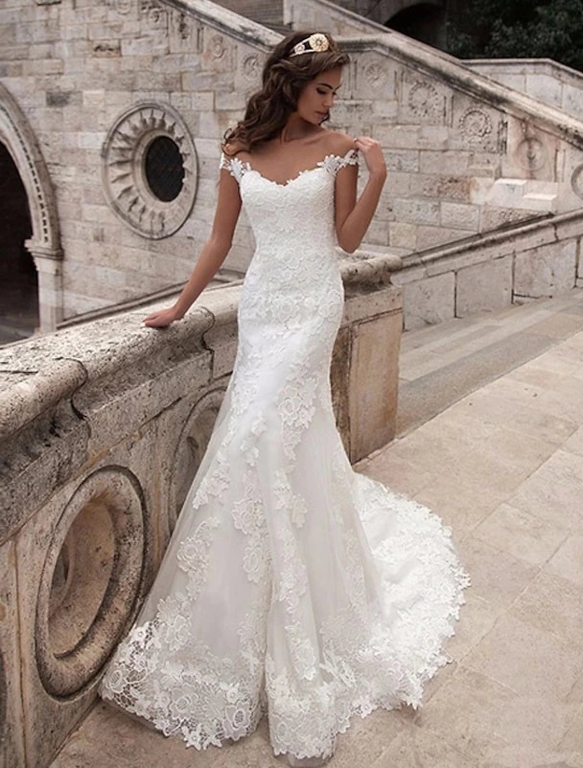 Engagement Open Back Formal Wedding Dresses Mermaid / Trumpet Off Shoulder Cap Sleeve Court Train Lace Bridal Gowns With Appliques