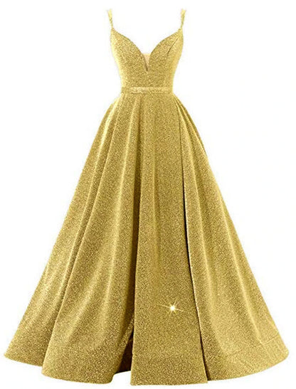 A-Line Beautiful Back Sexy Wedding Guest Formal Evening Birthday Dress Spaghetti Strap Sleeveless Floor Length Sequined with Pleats Sequin