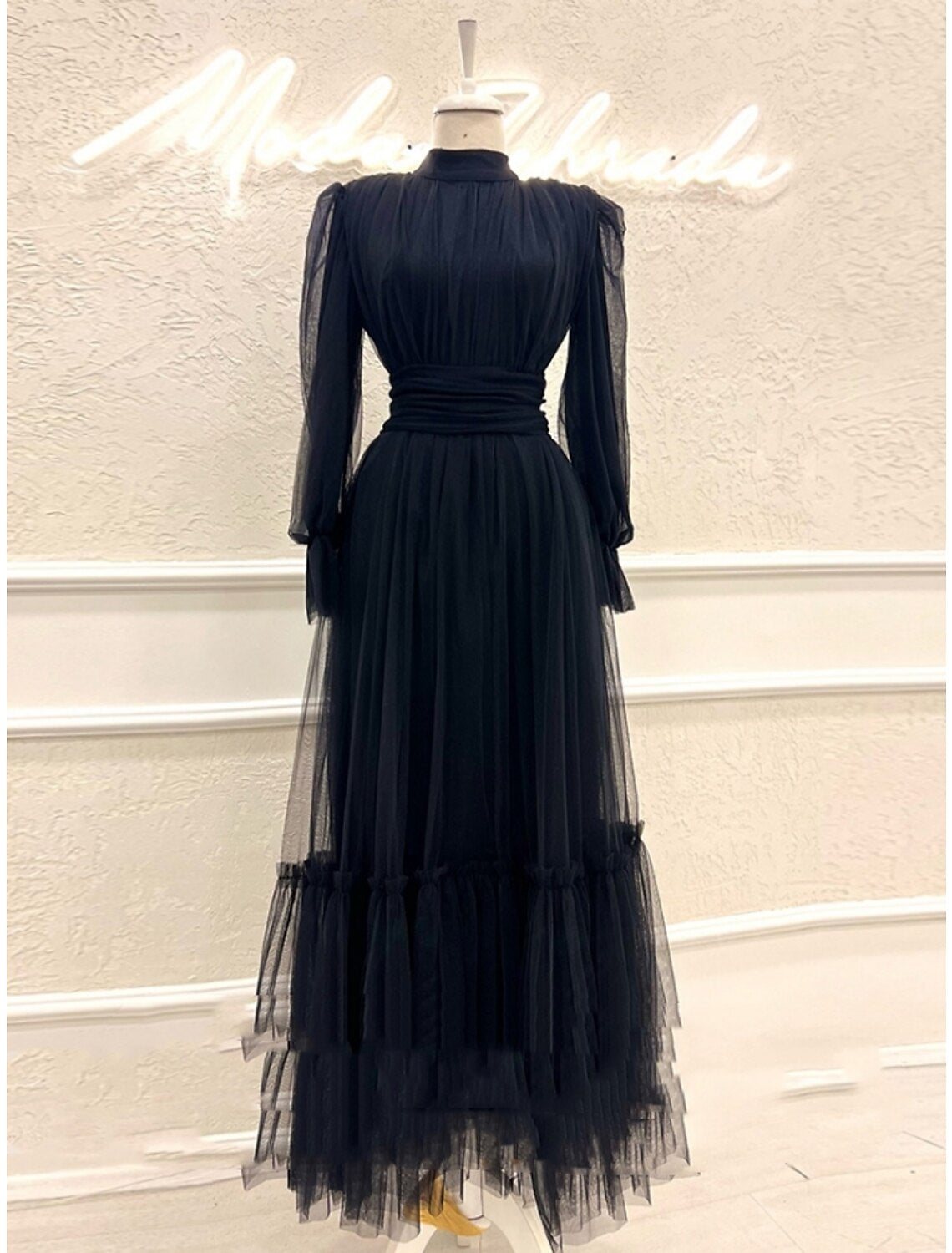 A-Line Prom Dresses Elegant Dress Formal Ankle Length Long Sleeve High Neck Tulle with Pleats Ruched