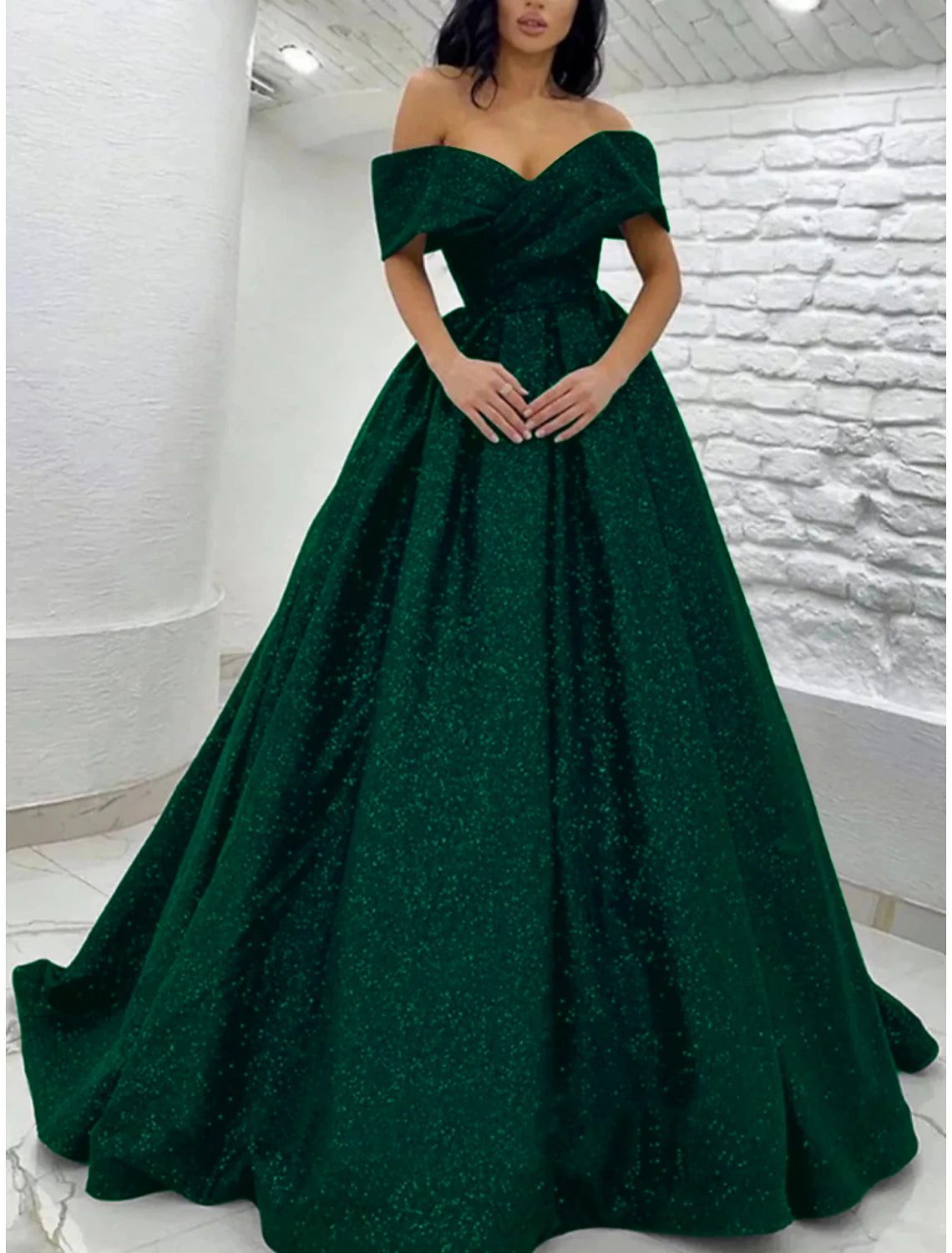 A-Line Prom Dresses Elegant Dress Black Tie Gala Sweep / Brush Train Short Sleeve Off Shoulder Sequined with Glitter Pleats