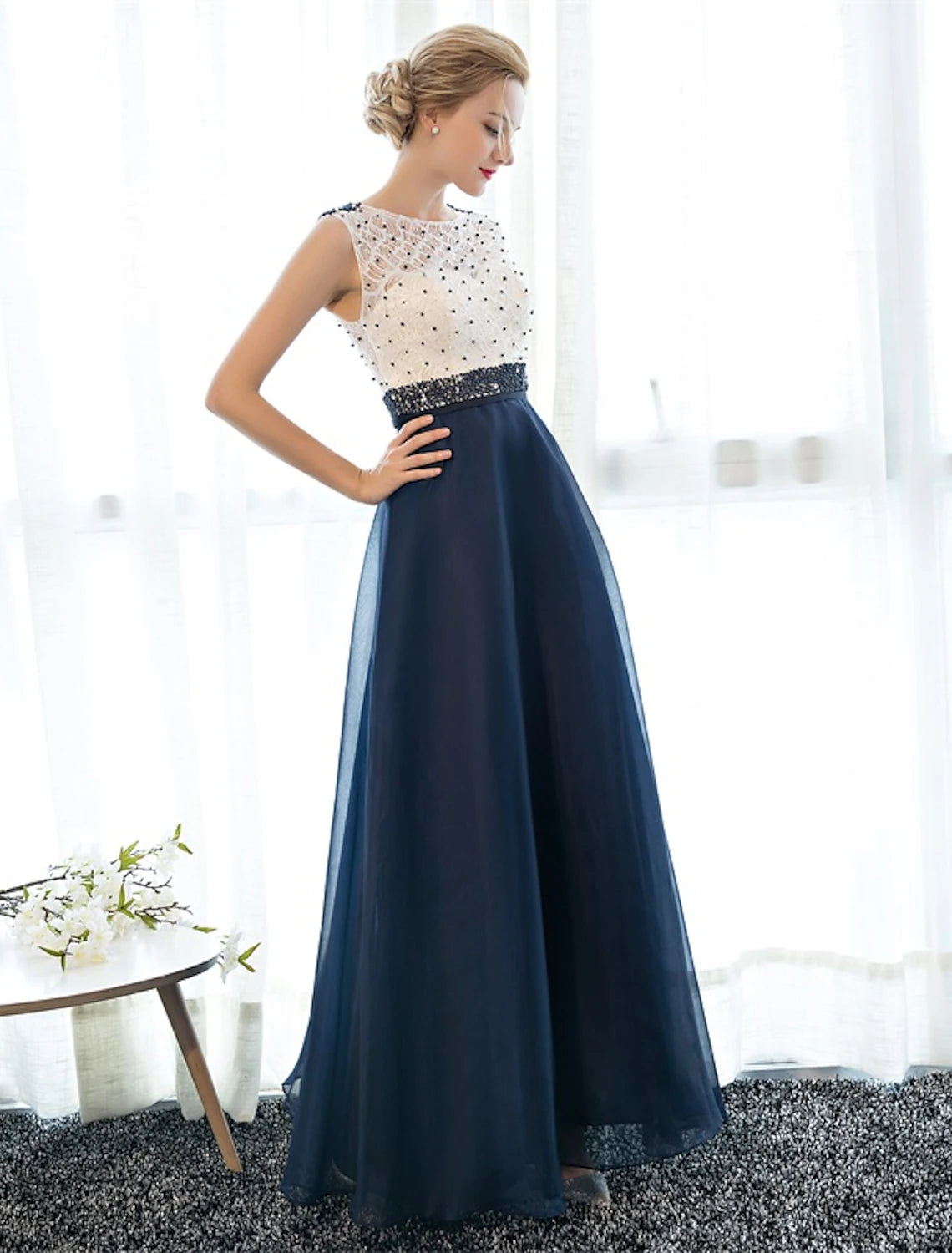 A-Line Beautiful Back Elegant Beaded & Sequin Prom Formal Evening Dress Illusion Neck Sleeveless Floor Length Tulle Over Lace with Beading