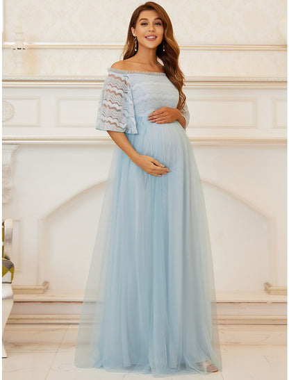 A-Line Mother of the Bride Dress Maternity Elegant Off Shoulder Floor Length Lace Tulle Sleeveless with Tier