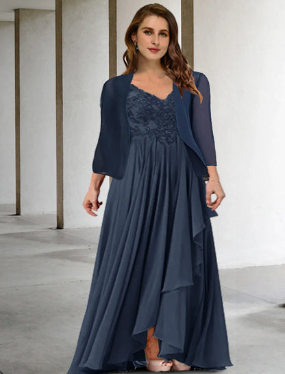 Two Piece A-Line Mother of the Bride Dresses Plus Size Hide Belly Curve Elegant Dress Formal Floor Length Half Sleeve V Neck Chiffon with Pleats Appliques