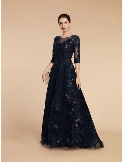 A-Line Mother of the Bride Dress Formal Wedding Guest Elegant Party Scoop Neck Floor Length Chiffon Lace 3/4 Length Sleeve with Sequin Applique