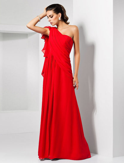 Sheath Red Green Dress Empire Wedding Guest Formal Evening Dress One Shoulder Sleeveless Floor Length Chiffon with Draping Slit