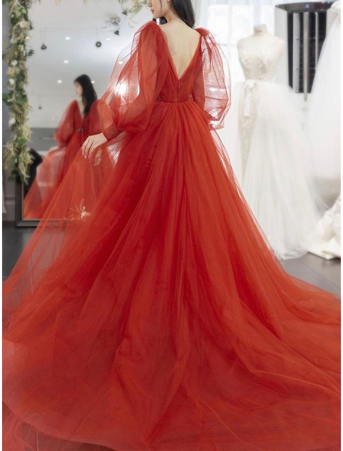 A-Line Prom Dresses Luxurious Dress Engagement Prom Watteau Train Long Sleeve V Neck Tulle V Back with Sleek Pure Color