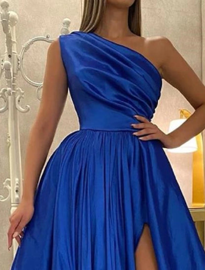 A-Line Evening Gown Elegant Dress Wedding Guest Engagement Floor Length Sleeveless One Shoulder Satin with Pleats Slit