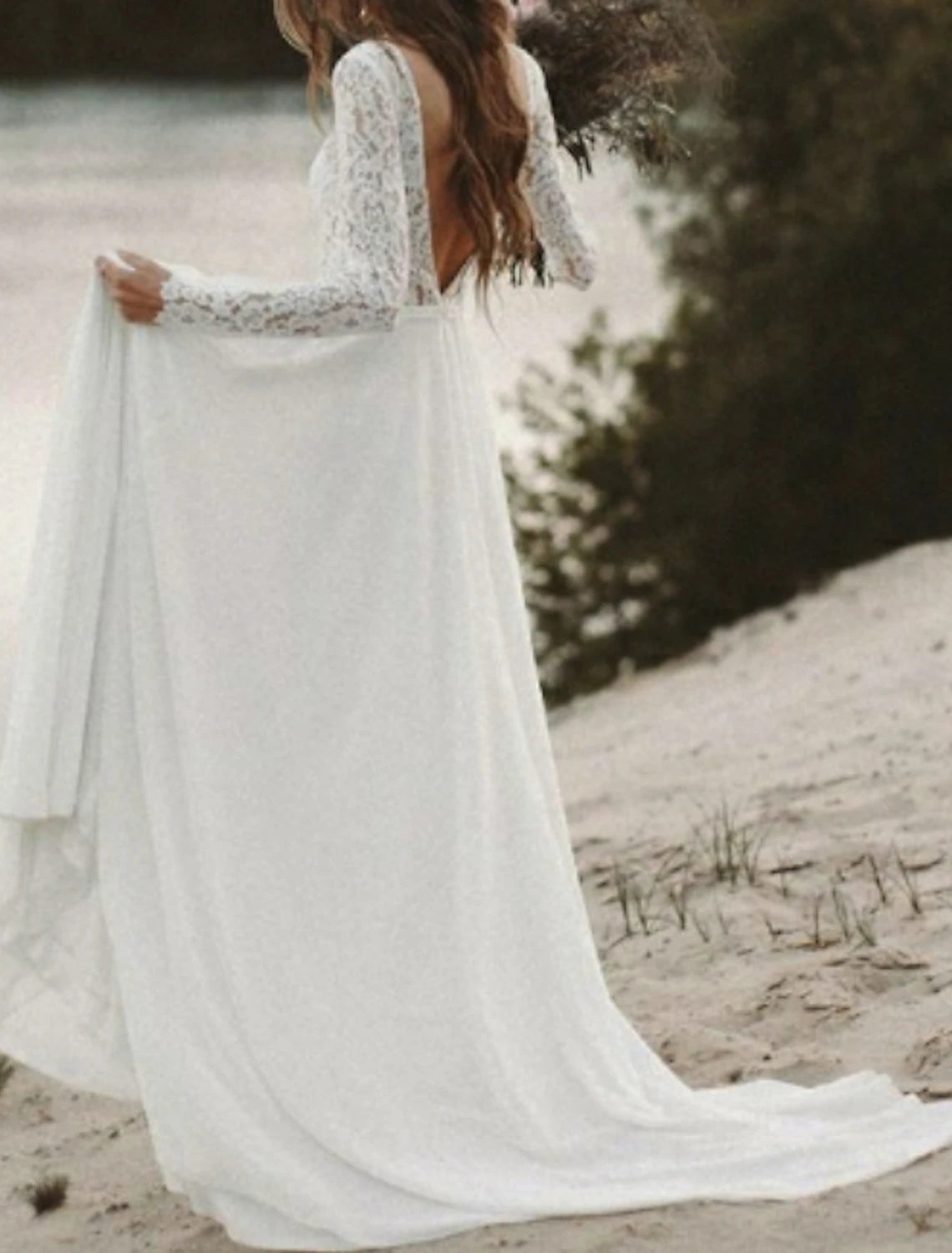 Beach Boho Wedding Dresses A-Line V Neck Long Sleeve Sweep / Brush Train Chiffon Bridal Gowns