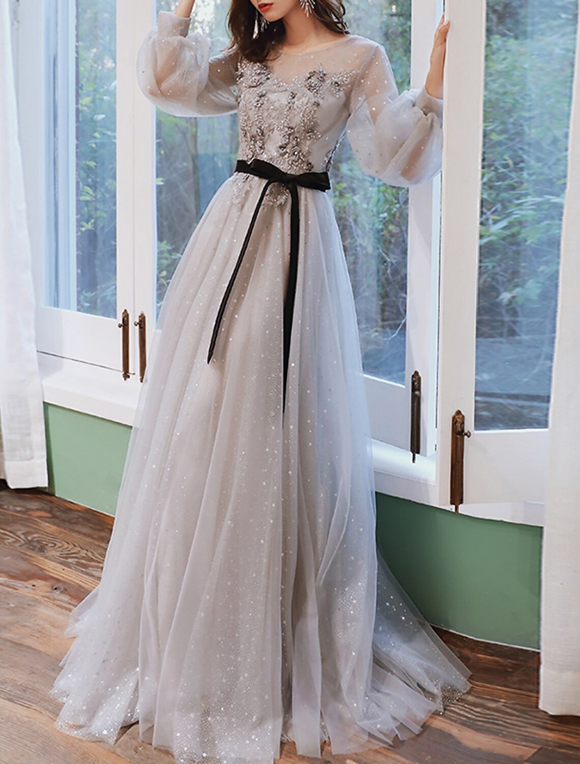 A-Line Prom Dresses Floral Dress Wedding Guest Engagement Sweep / Brush Train Long Sleeve Jewel Neck Tulle with Appliques