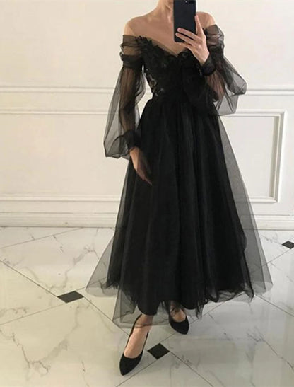 A-Line Cocktail Black Dress Vintage Dress Prom Wedding Party Ankle Length Long Sleeve V Neck Tulle with Beading Appliques