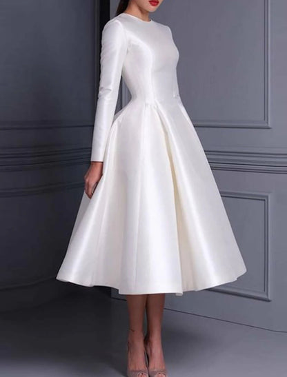 Ball Gown Cocktail Dresses Cute Dress Wedding Tea Length Long Sleeve Jewel Neck Fall Wedding Guest Satin with Pleats Pure Color