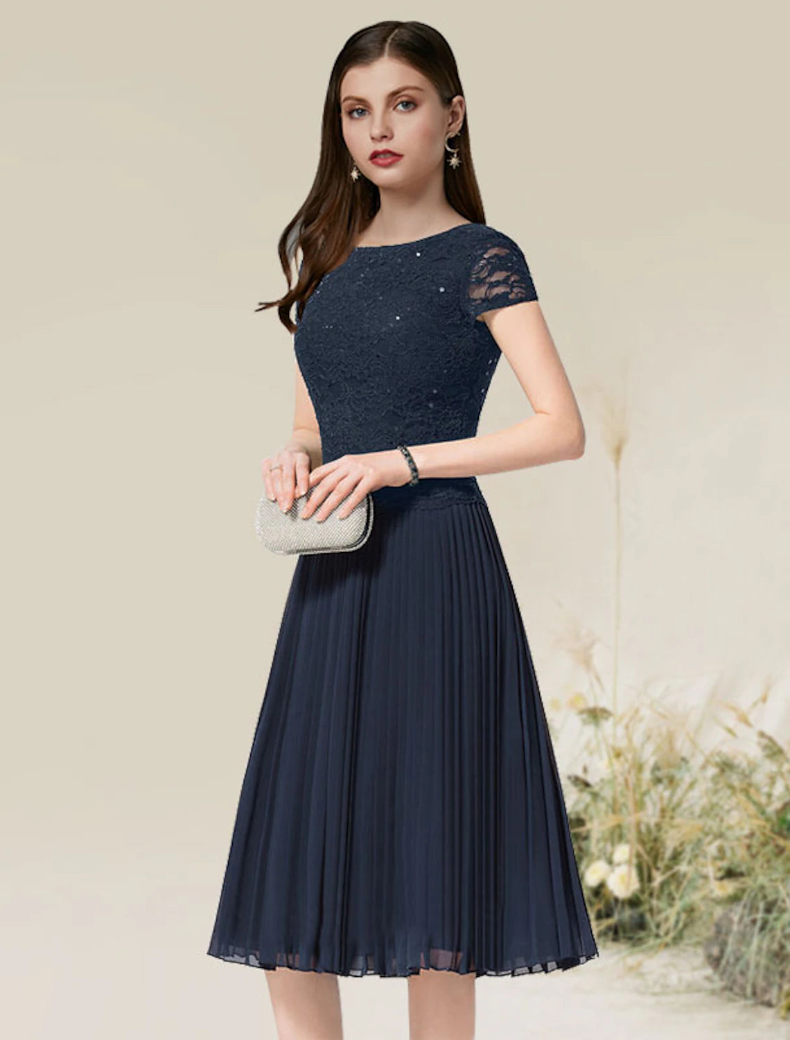 A-Line Cocktail Dresses Flirty Dress Homecoming Tea Length Short Sleeve Jewel Neck Chiffon with Pleats