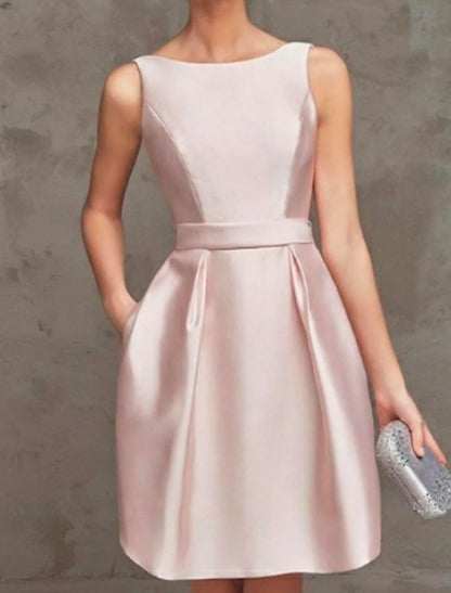 A-Line Cocktail Dresses Party Dress Wedding Guest Graduation Short / Mini Sleeveless Boat Neck Pink Dress Satin V Back with Pleats