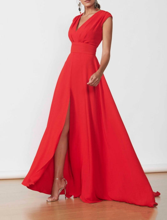 A-Line Party Dress Minimalist Elegant Wedding Guest Formal Evening Dress V Neck Sleeveless Floor Length Chiffon with Slit