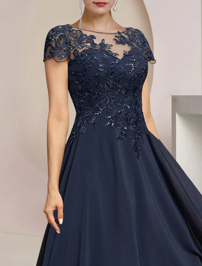 A-Line Mother of the Bride Dress Formal Wedding Guest Elegant High Low Scoop Neck Asymmetrical Tea Length Chiffon Lace Short Sleeve with Sequin Appliques