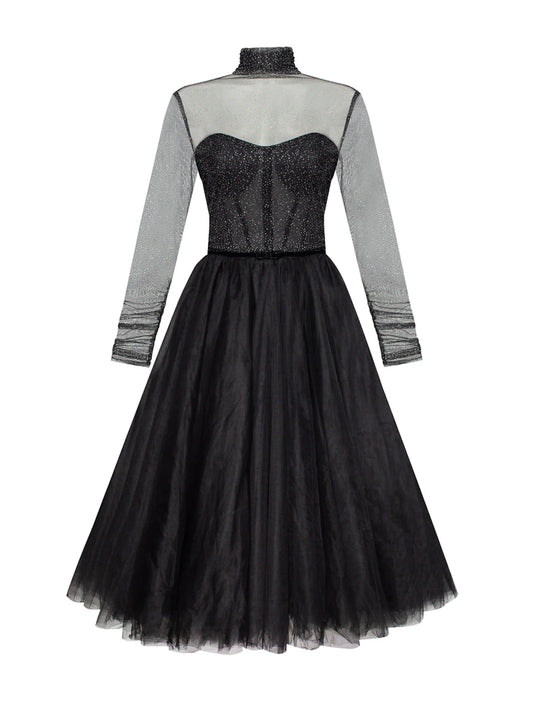 A-Line Cocktail Dresses Vintage Dress Homecoming Cocktail Party Knee Length Long Sleeve High Neck Wednesday Addams Family Tulle with Pleats Pure Color