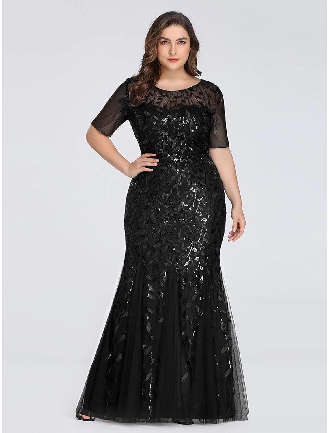 Mermaid / Trumpet Empire Elegant Party Wear Formal Evening Dress Jewel Neck Short Sleeve Floor Length Tulle with Embroidery