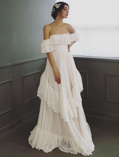 Beach Wedding Dresses A-Line Off Shoulder Cap Sleeve Sweep / Brush Train Tulle Bridal Gowns With Ruffles