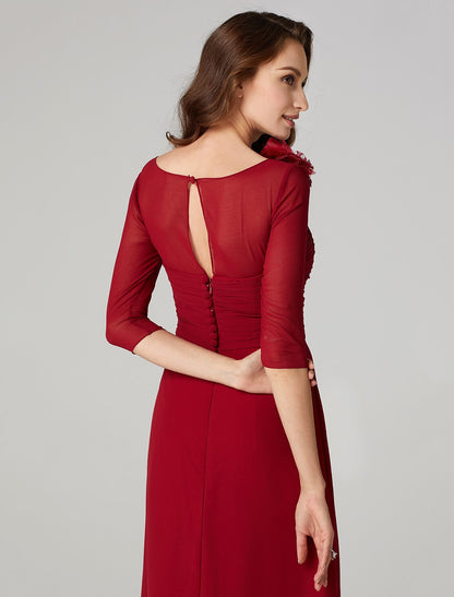 Sheath / Column Keyhole Dress Holiday Floor Length 3/4 Length Sleeve Bateau Neck Charmeuse with Ruched Flower