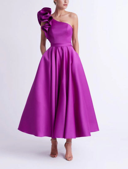 A-Line Cocktail Dresses Elegant Dress Party Wear Wedding Guest Ankle Length Sleeveless One Shoulder Pocket Satin with Ruffles