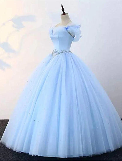 Ball Gown Prom Dresses Princess Dress Graduation Quinceanera Floor Length Sleeveless Off Shoulder Tulle with Pearls Beading Butterfly