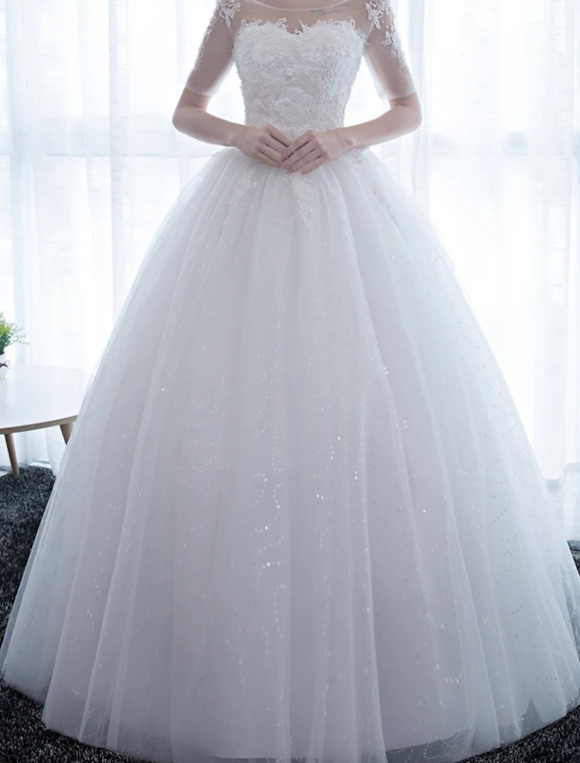 Reception Formal Wedding Dresses Ball Gown Illusion Neck Half Sleeve Floor Length Satin Bridal Gowns With Lace