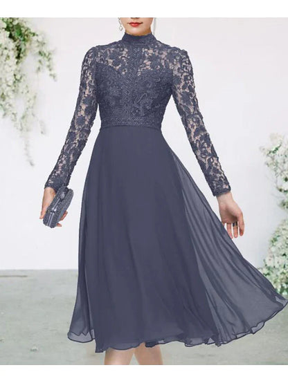 A-Line Mother of the Bride Dress Elegant High Neck Tea Length Chiffon Lace Long Sleeve with Appliques Solid Color