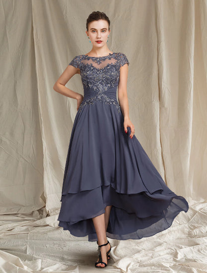 Two Piece A-Line Mother of the Bride Dress Formal Wedding Guest Elegant Scoop Neck Asymmetrical Tea Length Chiffon Lace Short Sleeve Wrap Included with Beading Appliques