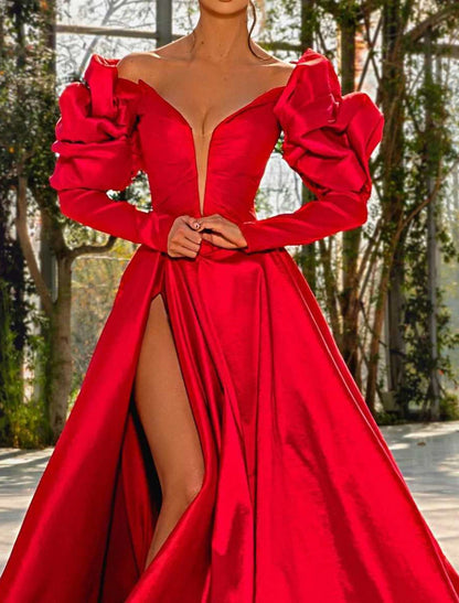 A-Line Evening Gown Sexy Dress Masquerade Prom Court Train Long Sleeve V Neck Satin with Slit