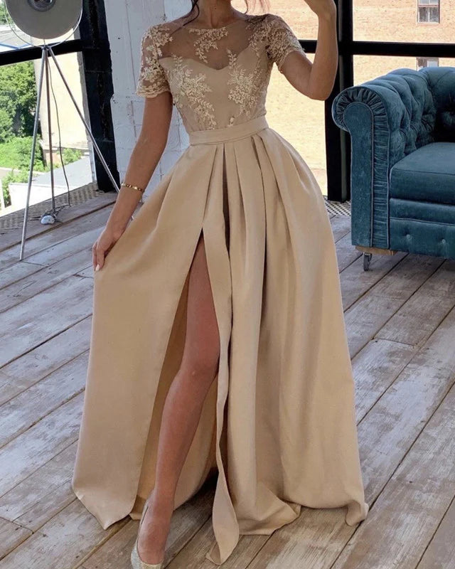 A-line Elegant Floor-length Lace Prom Dresses