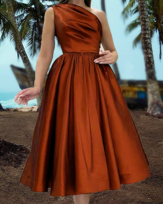 A-line One Shoulder Tea Length Satin Prom Dresses