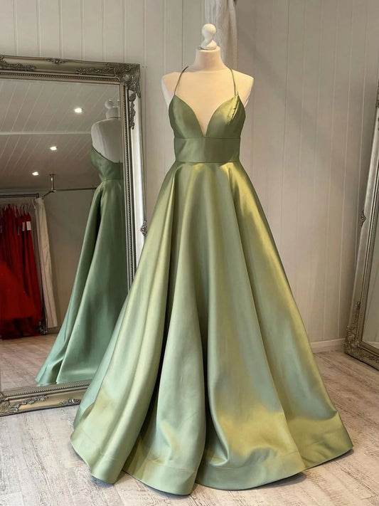 Simple V neck satin long prom dress