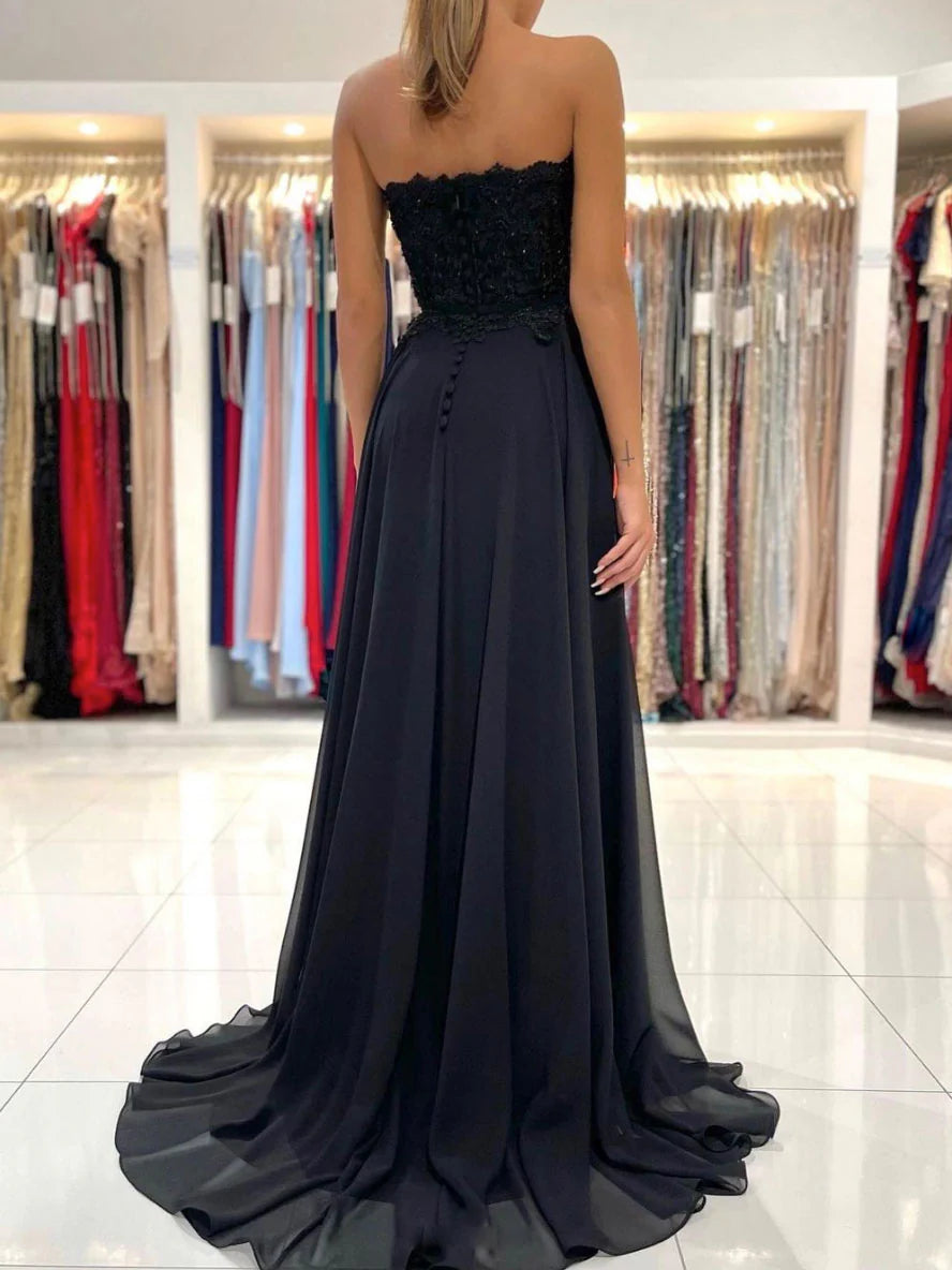 A line chiffon lace long prom dress