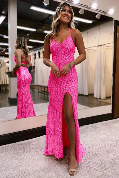 Sheath Spaghetti Straps Sequins Criss Cross Back Long Prom Dress