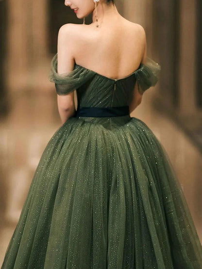 A line tulle off shoulder long prom dress