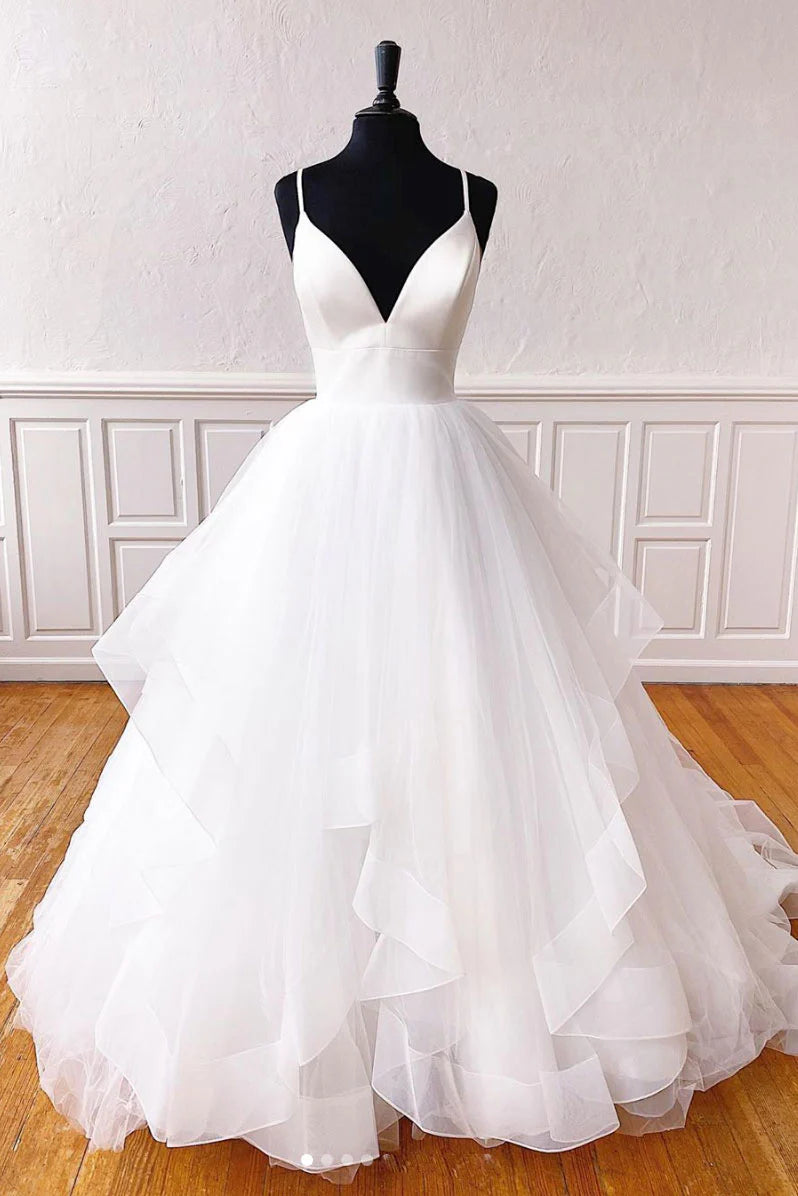 V neck tulle long Wedding Dresses