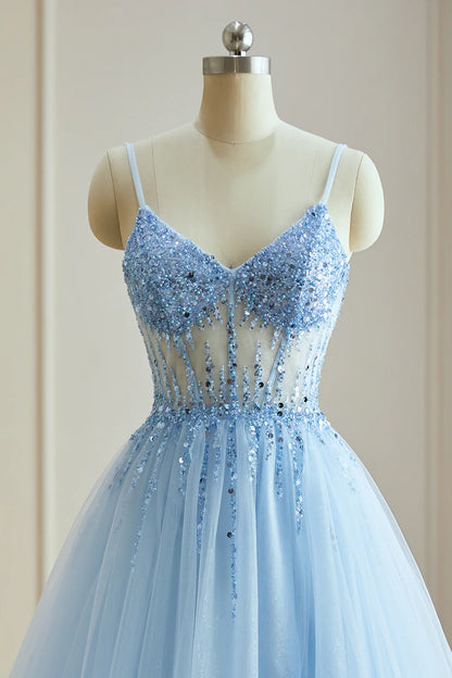 A-Line V-Neck Spaghetti Straps Beads Tulle Prom Dresses