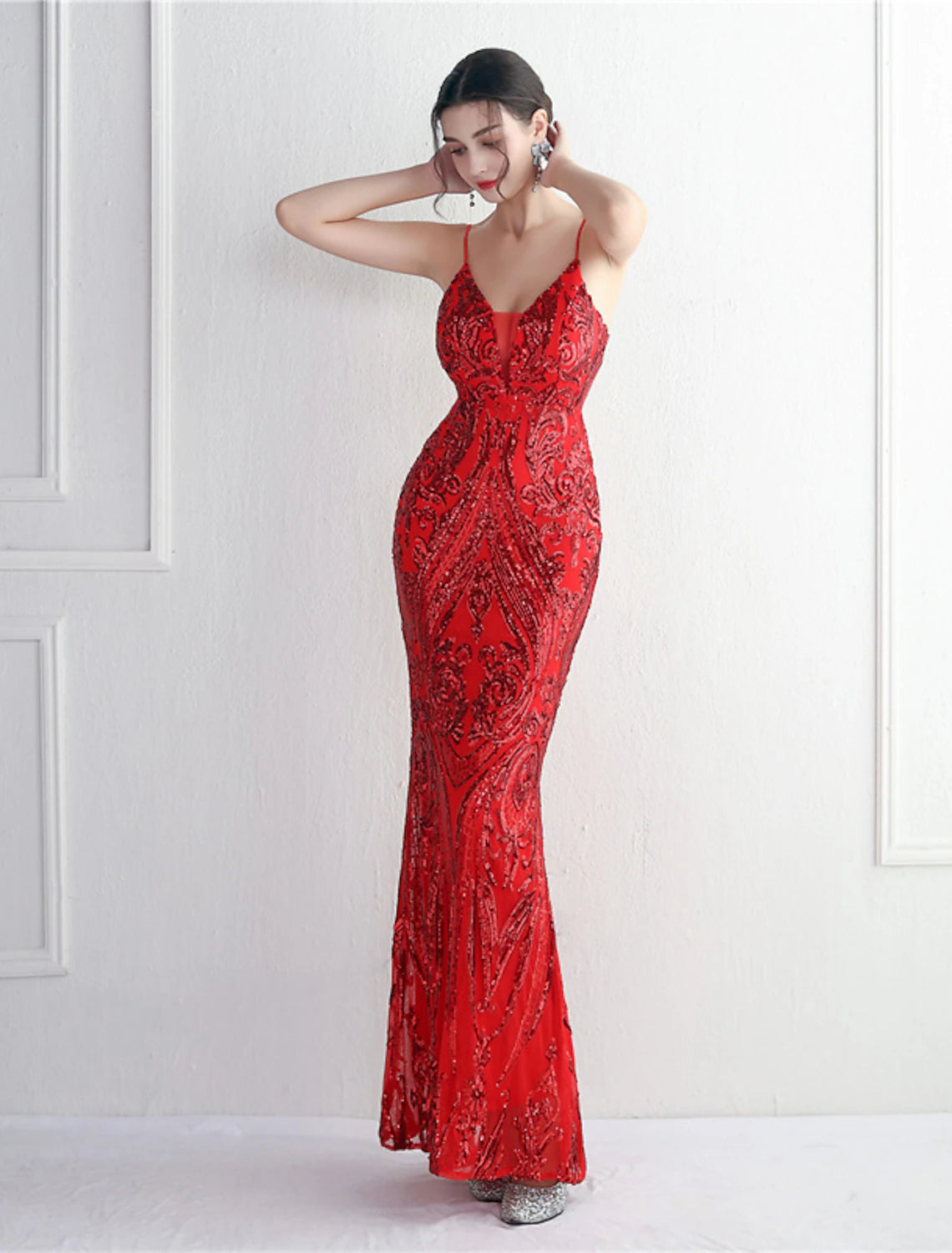 Mermaid / Trumpet Evening Gown Sparkle & Shine Dress Formal Floor Length Sleeveless Spaghetti Strap Sequined with Sequin