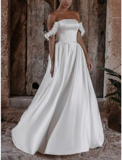 Hall Formal Wedding Dresses A-Line Off Shoulder Sleeveless Floor Length Satin Bridal Gowns With Pleats Flower