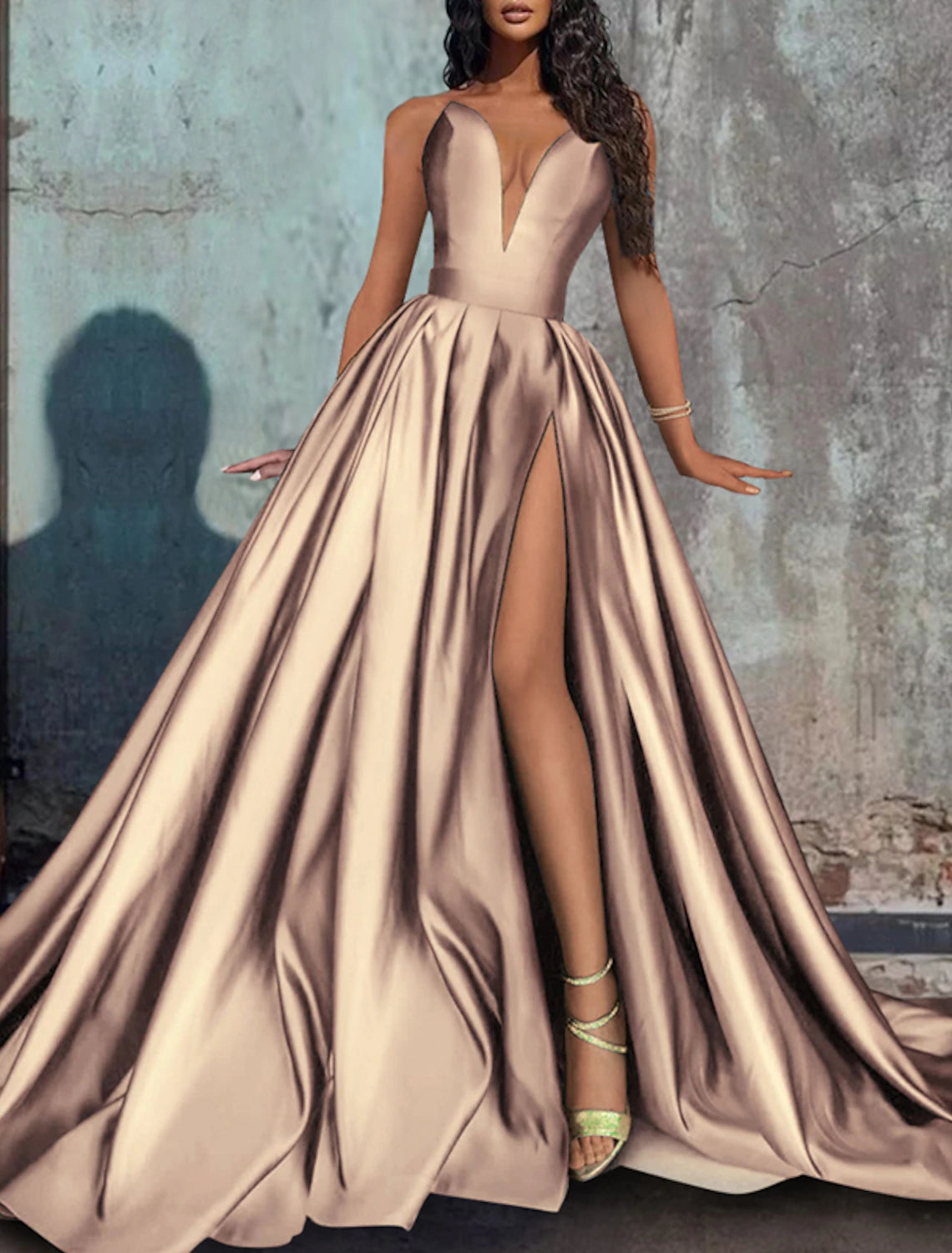 A-Line Evening Gown Red Green Dress Formal Wedding Party Court Train Sleeveless Strapless Satin with Pleats Slit