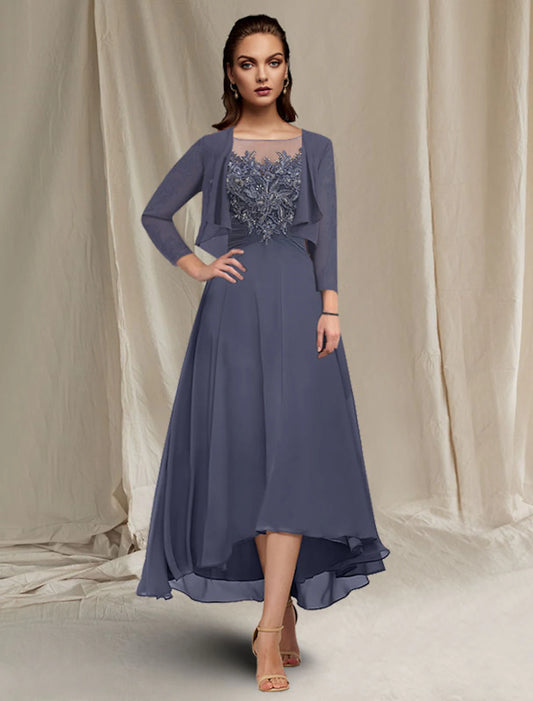 A-Line Mother of the Bride Dress Elegant High Low Jewel Neck Asymmetrical Tea Length Chiffon Lace Short Sleeve Wrap Included with Ruched Sequin Appliques