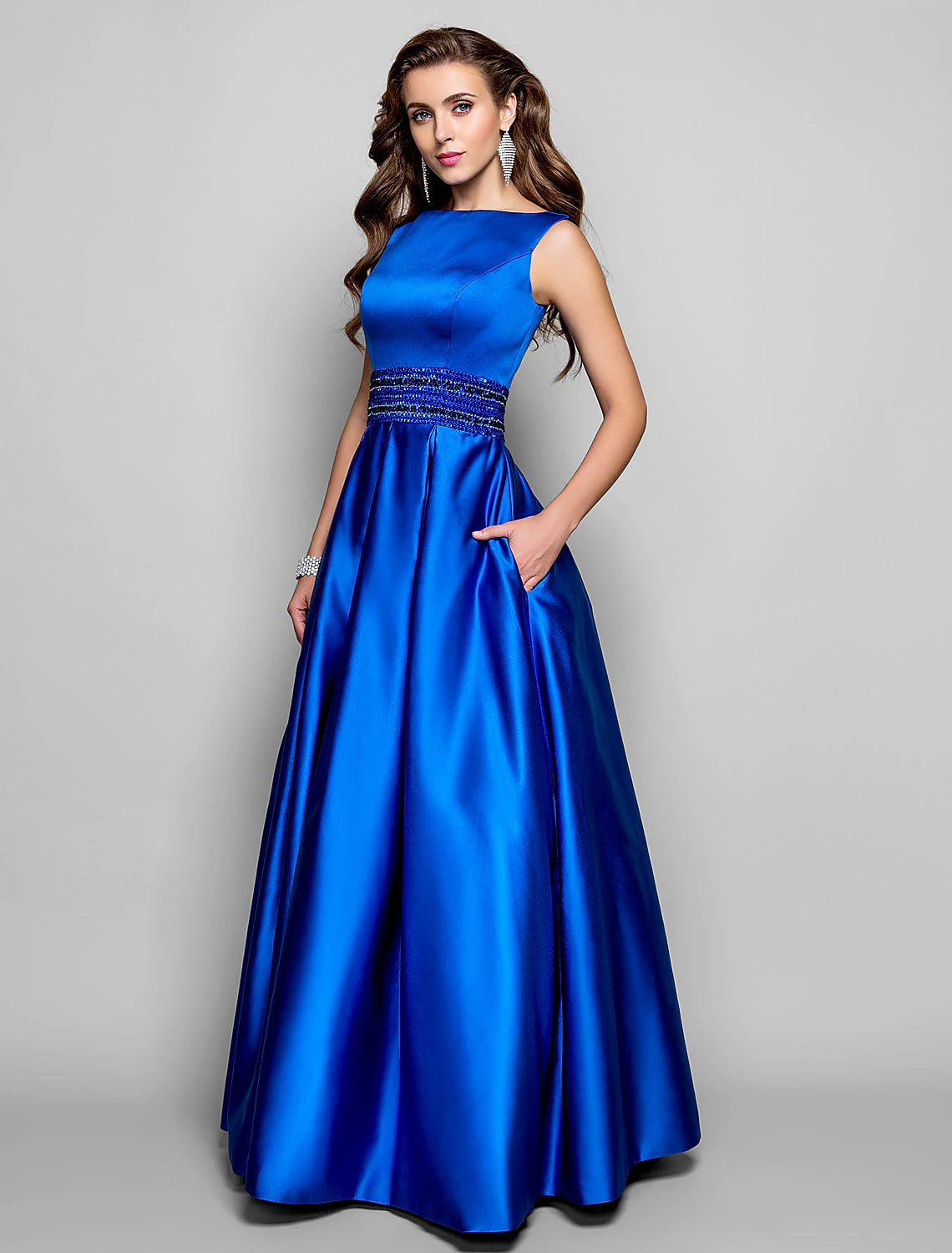 A-Line Elegant Dress Wedding Guest Prom Floor Length Sleeveless Boat Neck Pocket Satin with Pleats Beading