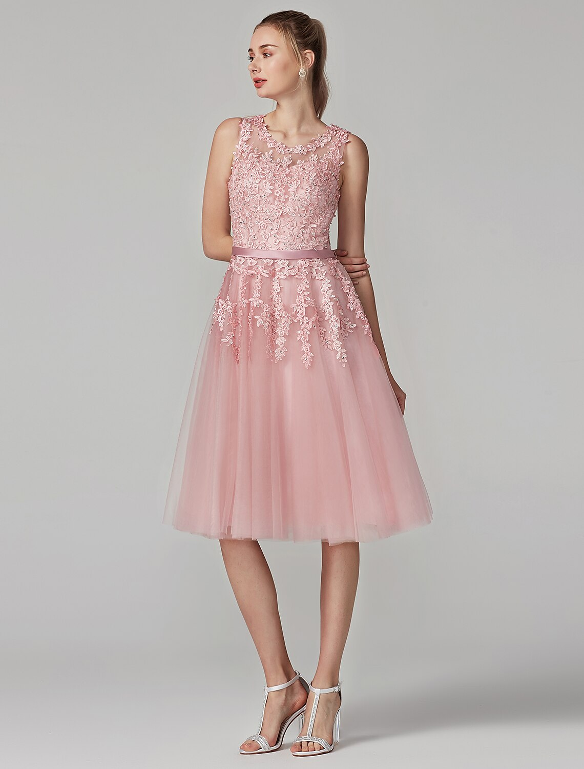 A-Line Cute Dress Cocktail Party Knee Length Sleeveless Illusion Neck Tulle Over Lace with Beading Appliques