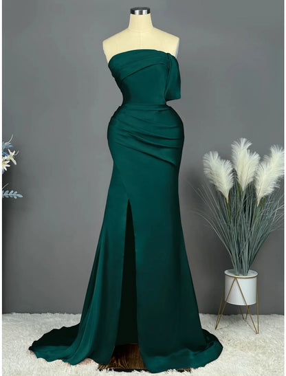 A-Line Evening Gown Elegant Dress Formal Sweep / Brush Train Sleeveless Strapless Satin with Pleats Ruched Slit